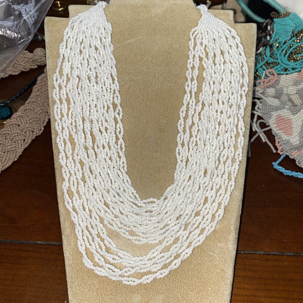White Multi Strand layered Glass Seed Bead Necklace Hand Made Costal Boho Beach